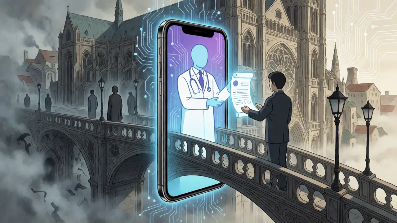 Teléfono místico proyectando médico y receta como barrera de protección digital.